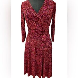 London Times Stretchy Red And Orange V Neck And Back Wrap Dress, Size 8